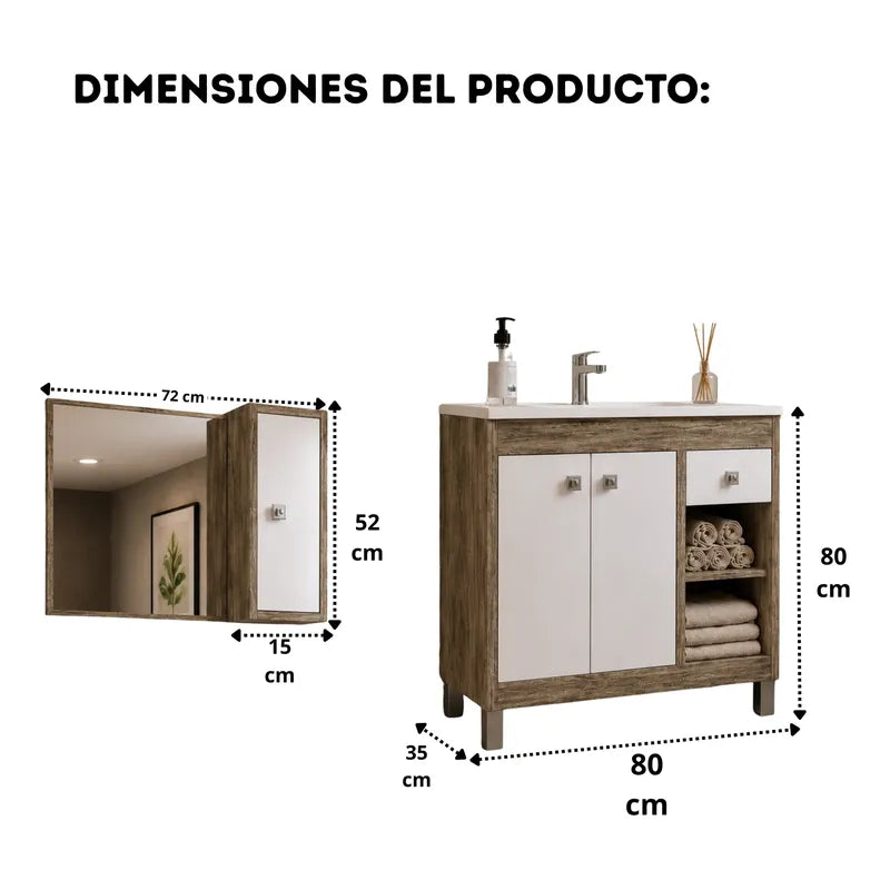 Vanitory 80cm Premium Con Bacha Y Espejo Exahome Exclusivo Blanco Sin Agujeros