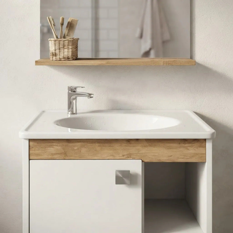 Vanitory Con Bacha Y Espejo Exahome Kit Premium 45cm Cartagena Blanco Sin Agujeros
