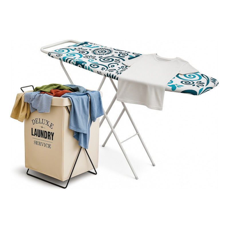 Cesto Para Ropa + Tabla De Planchar Estampada Posa Plancha - Combo - Gris