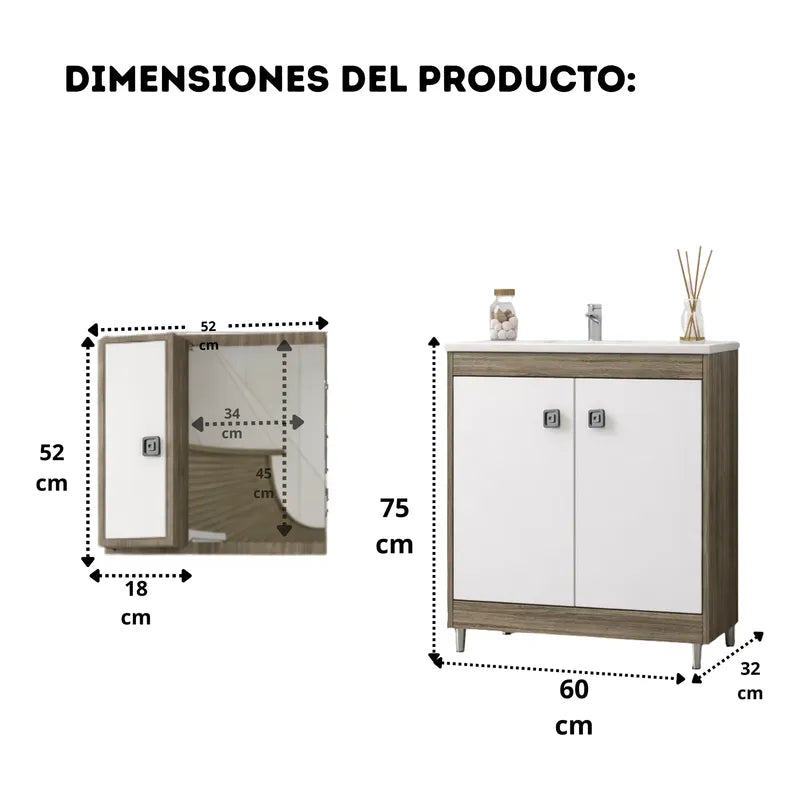 Vanitory Exahome Premium Con Bacha Y Espejo 60cm Exclusivo Cartagena Blanco Sin Agujeros