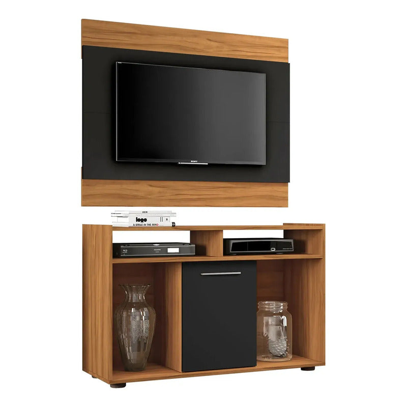 Combo Rack Tv 2 En 1 Exahome Incluye Panel Blanco Puerta Nogal