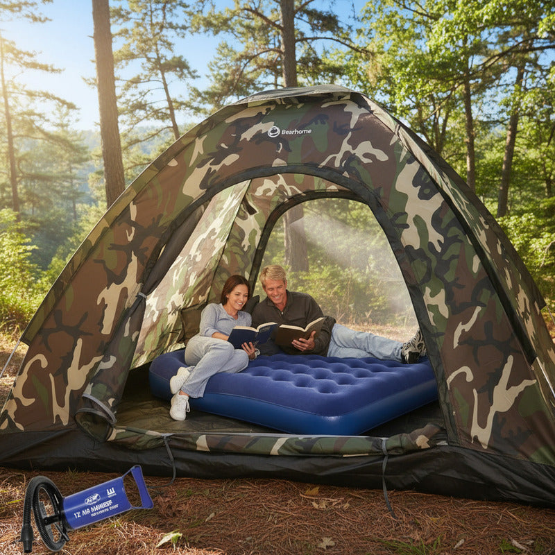 Carpa 2p Autoarmable Camuflada + Colchon 2p + Inflador