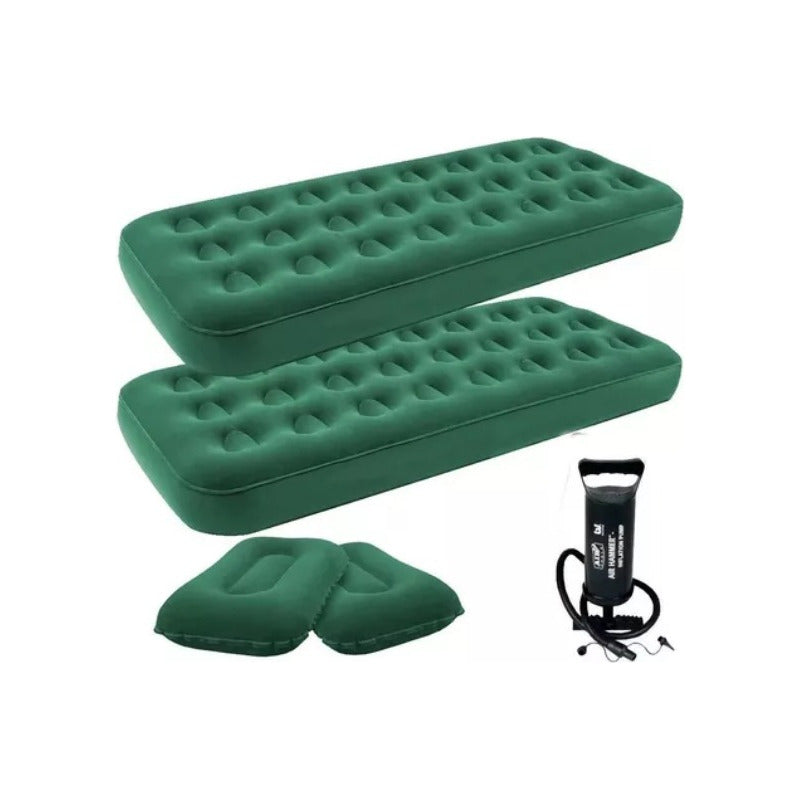 Combo 2 Colchones Inflables 1 Plaza+2 Almohadas + Inflador Verde