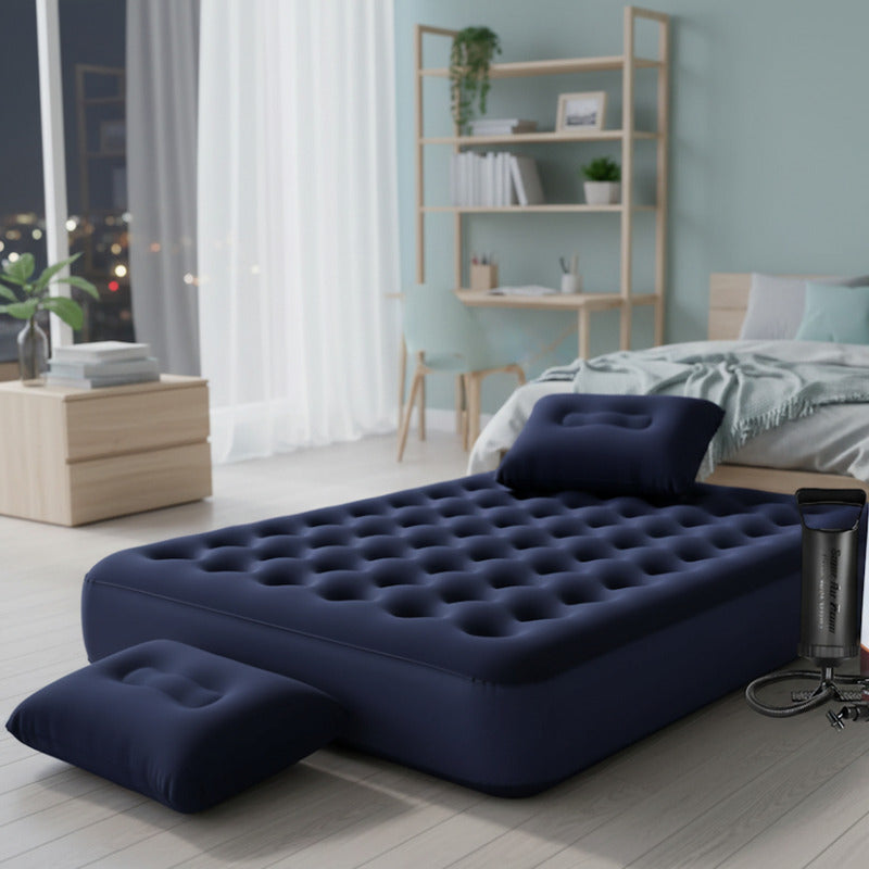 Colchon Inflable 2 Plazas Con 2 Almohadas + Inflador Azul