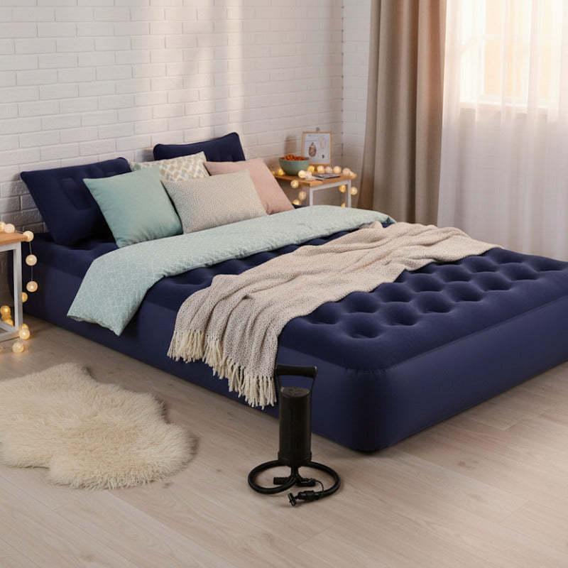 Colchon Inflable 2 Plazas Con 2 Almohadas + Inflador Azul