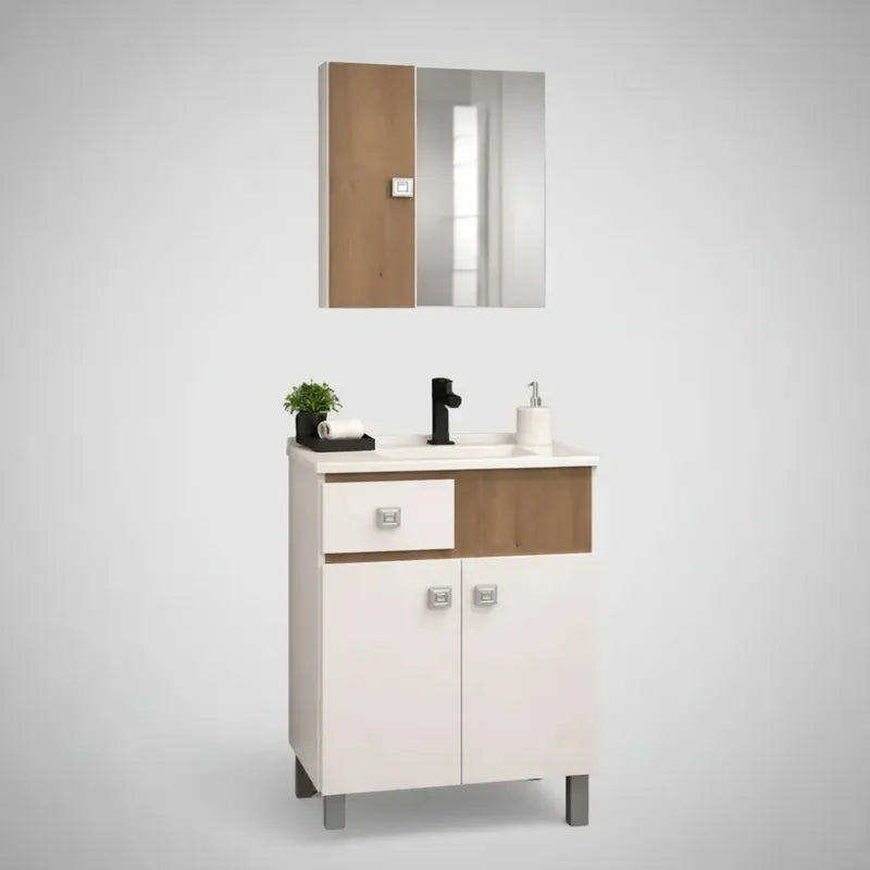 Vanitory 60cm Kit Premium Con Bacha Y Espejo Exahome Roble Blanco Sin Agujeros