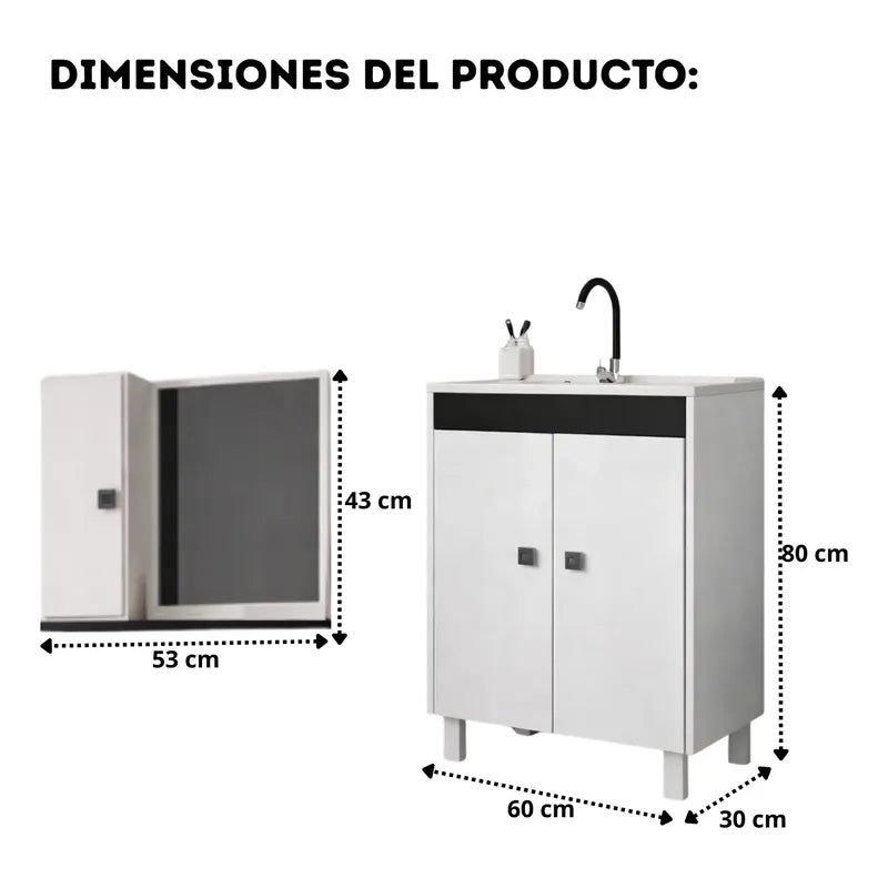 Vanitory 60cm Premium Con Bacha Y Espejo Exahome Exclusivo Blanco Sin Agujeros