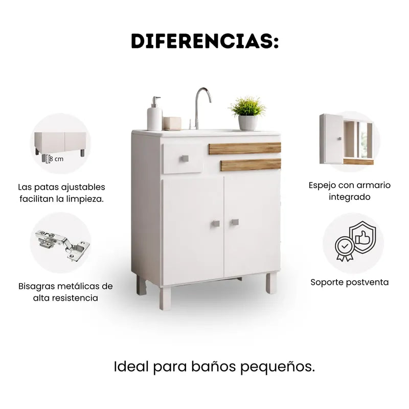 Vanitory Kit Premium Con Bacha Y Espejo Exahome 60cm Cartagena Blanco Sin Agujeros