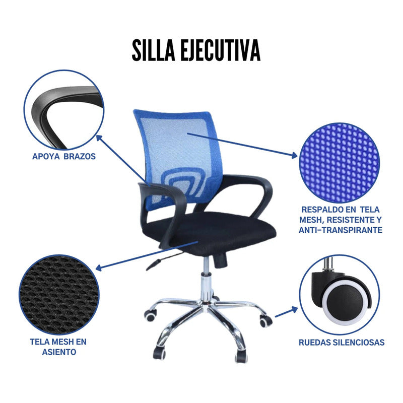Silla De Oficina Exahome Ergonomica Azul Metalica Premium Azul Malla