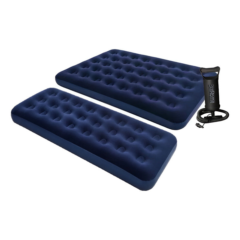 Combo 2 Colchones Inflables 1 Plaza Y 2 Plazas Hogar Camping Azul