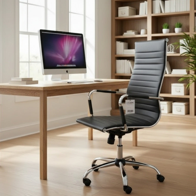 Silla De Oficina Exahome Aluminium Eames Ergonómica Negro Cuero Sintético