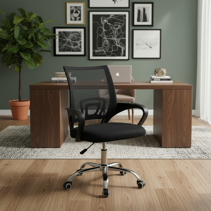 Silla De Oficina Exahome Ergonomica Negra Metalica Premium Negro Tela Mesh Respirable.
