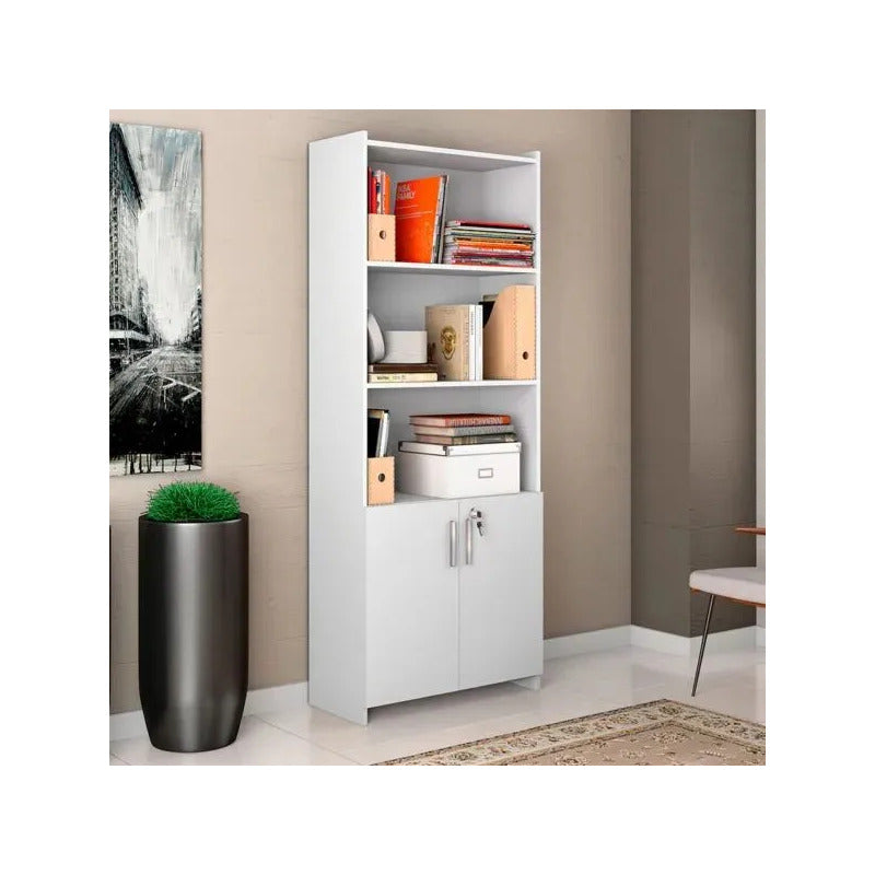 Biblioteca Exahome Biblioteca Con Puertas Color Blanco De Mdp 170cm X 70cm X 31cm Con 2 Estantes