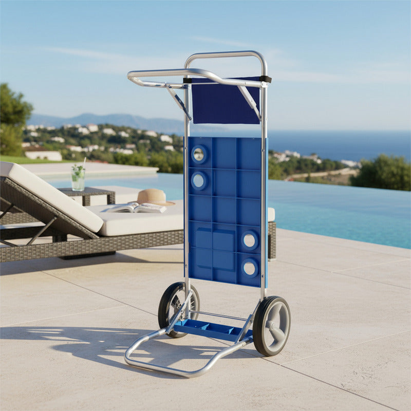 Carro Carrito Playero Mesa Porta Silla Sombrilla Playa Plega Azul