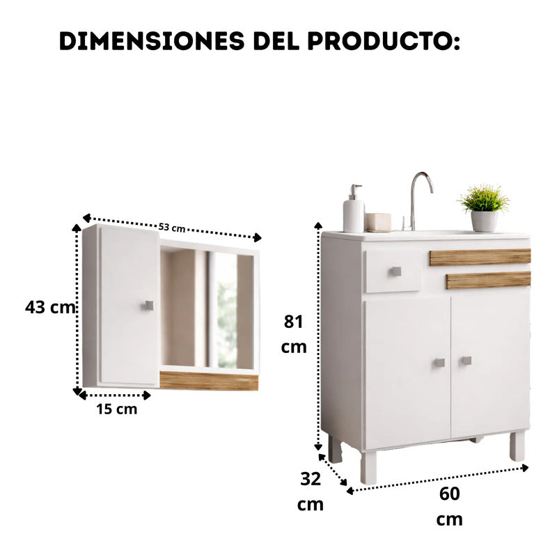 Vanitory Kit Premium Con Bacha Y Espejo Exahome 60cm Cartagena Blanco Sin Agujeros