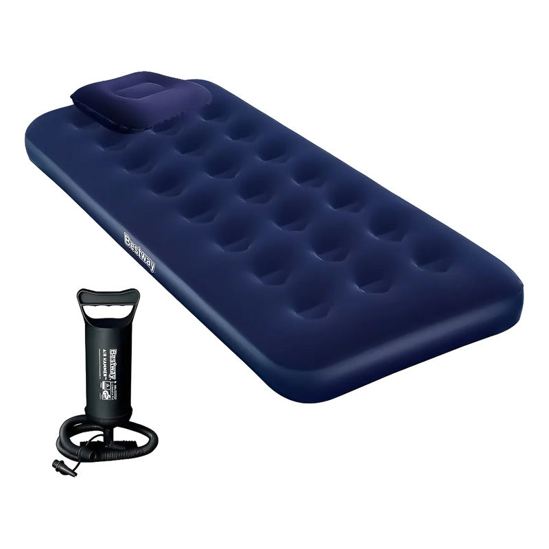 Colchon Inflable 1 Plaza Con Almohada E Inflador De Regalo Azul