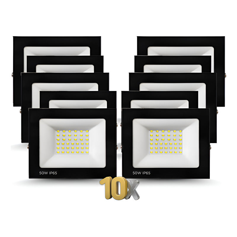 Reflector Proyector Aluminio Led 50w Luz Fria Pack 10u Negro Blanco Frío