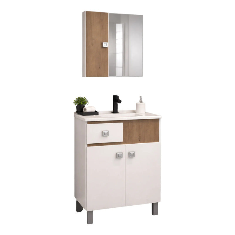 Vanitory 60cm Kit Premium Con Bacha Y Espejo Exahome Roble Blanco Sin Agujeros
