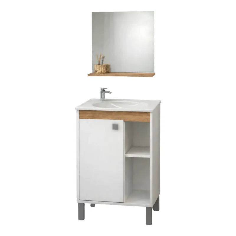 Vanitory Con Bacha Y Espejo Exahome Kit Premium 45cm Cartagena Blanco Sin Agujeros