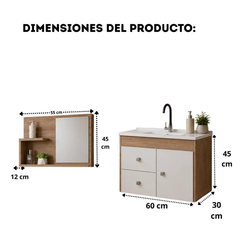 Vanitory Premium Con Bacha Y Espejo Kit Exahome Colgar Cartagena Blanco Un Agujero