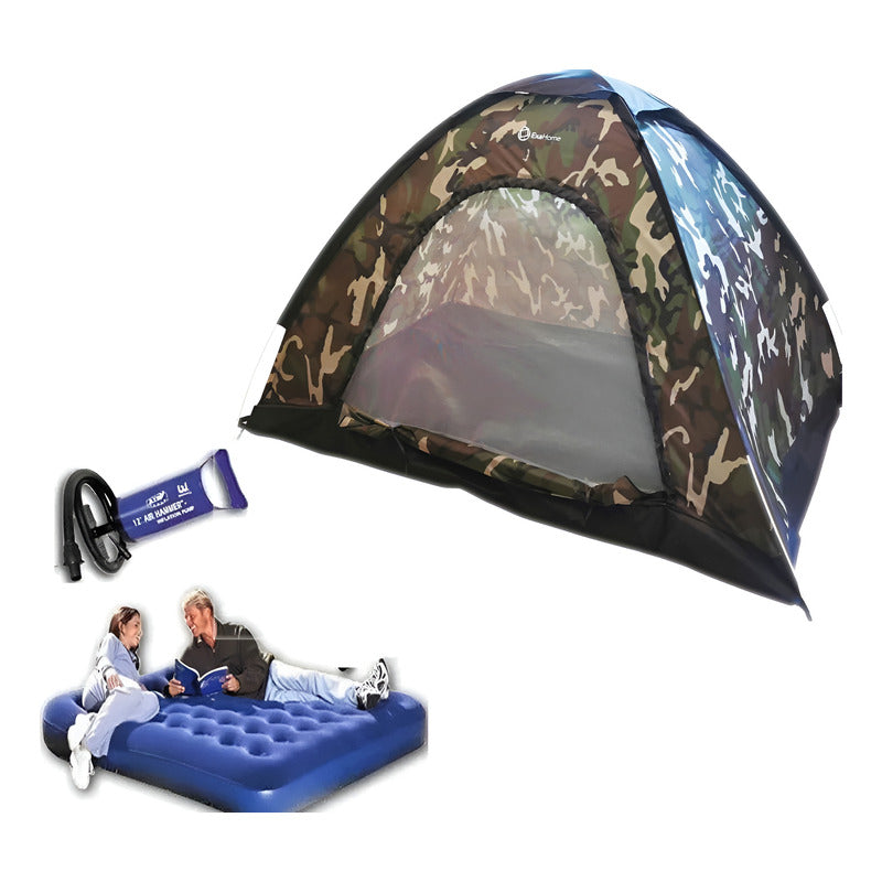 Carpa 2p Autoarmable Camuflada + Colchon 2p + Inflador