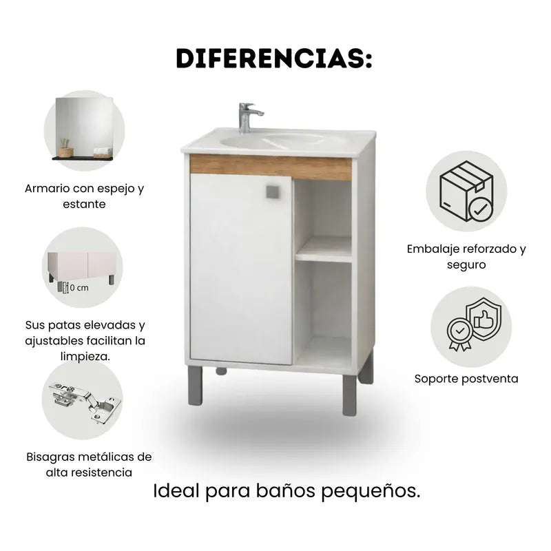 Vanitory Con Bacha Y Espejo Exahome Kit Premium 45cm Cartagena Blanco Sin Agujeros