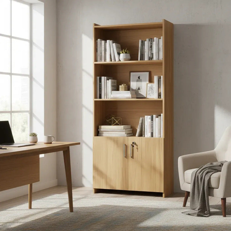 Biblioteca Exahome Biblioteca Con Puertas Color Roble De Mdp 170cm X 70cm X 31cm Con 2 Estantes
