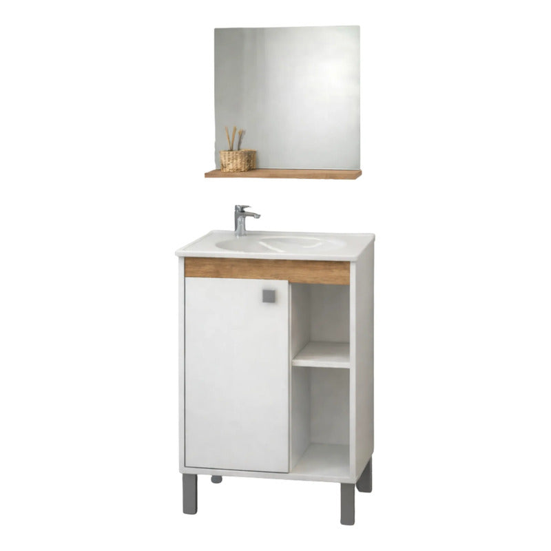 Vanitory Con Bacha Y Espejo Exahome Kit Premium 45cm Cartagena Blanco Sin Agujeros