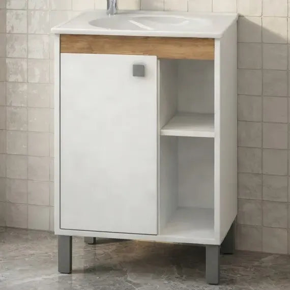 Vanitory Con Bacha Y Espejo Exahome Kit Premium 45cm Cartagena Blanco Sin Agujeros