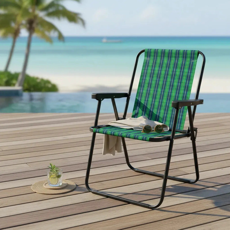 Reposera Silla Alta Exahome Acero Playa Camping Plegable Cuadros Verde