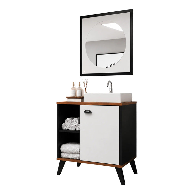 Vanitory Exclusivo 70cm Con Bacha Y Espejo Exahome Premium Negro Un Agujero