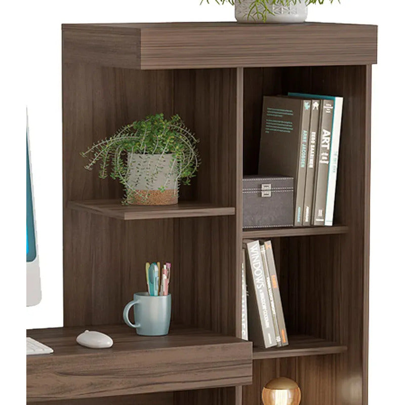 Escritorio Mesa De Computación Con Biblioteca Exahome Flex Nogal