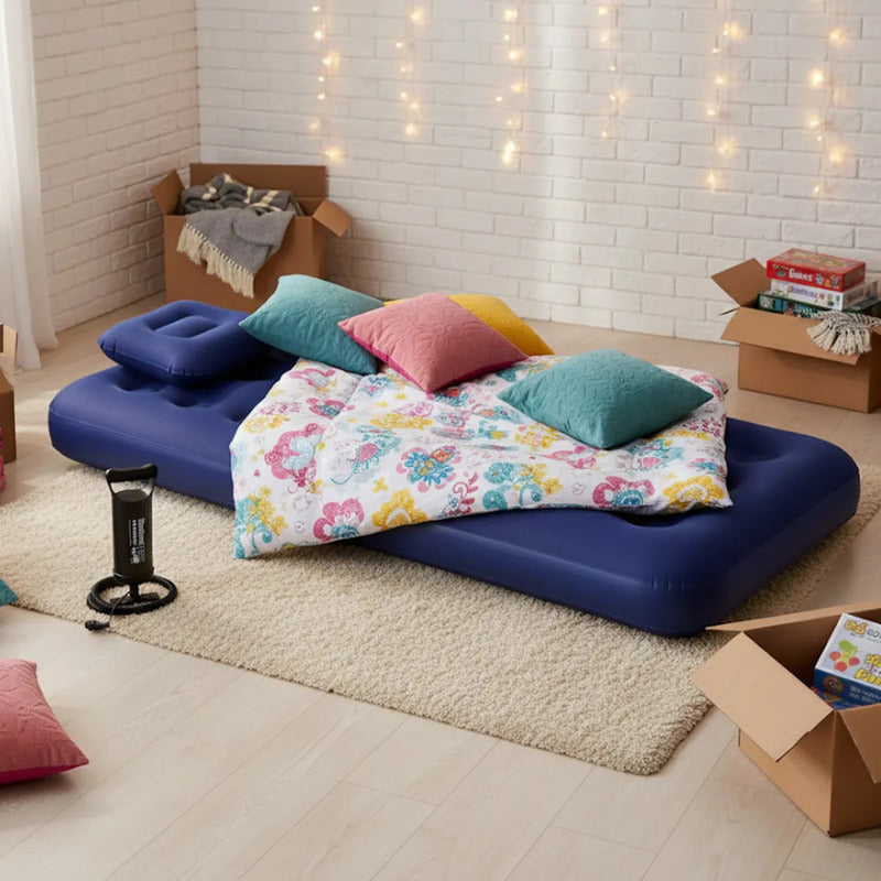 Colchon Inflable 1 Plaza Con Almohada E Inflador De Regalo Azul