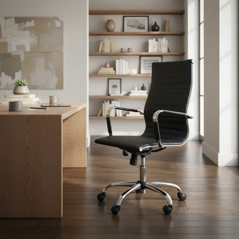 Silla De Oficina Exahome Aluminium Eames Ergonómica Negro Cuero Sintético