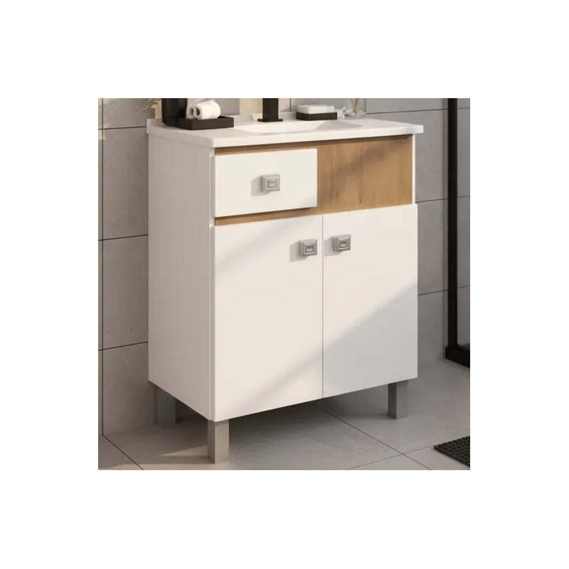 Vanitory 60cm Kit Premium Con Bacha Y Espejo Exahome Roble Blanco Sin Agujeros