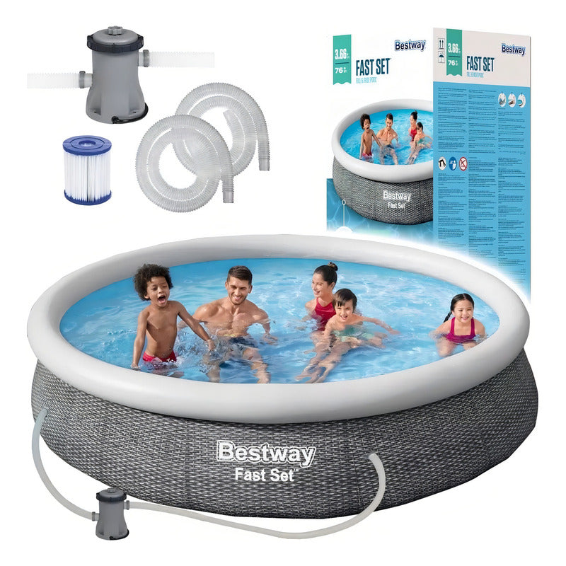 Pileta Inflable Redonda Bestway Fast Set 57445 De 3.66m X 76cm 5377l Gris Caja