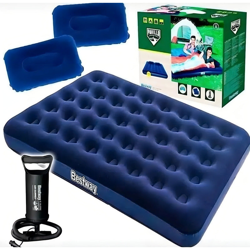 Colchon Inflable Bestway 2 1/2 Plaza 2 Almohadas E Inflador Color Azul