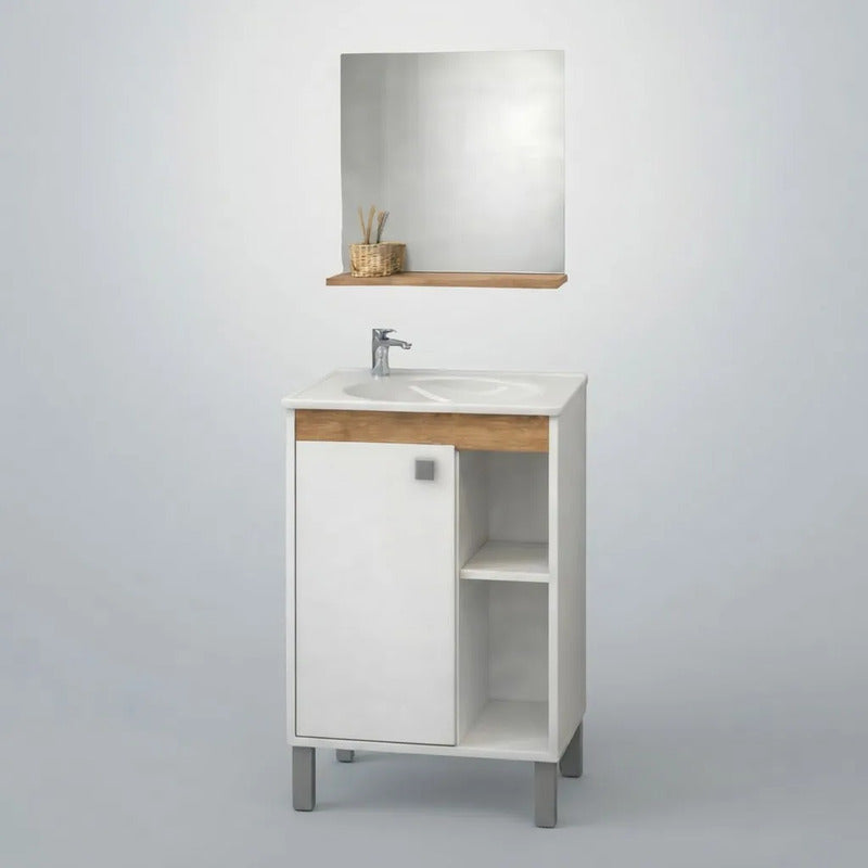 Vanitory Con Bacha Y Espejo Exahome Kit Premium 45cm Cartagena Blanco Sin Agujeros