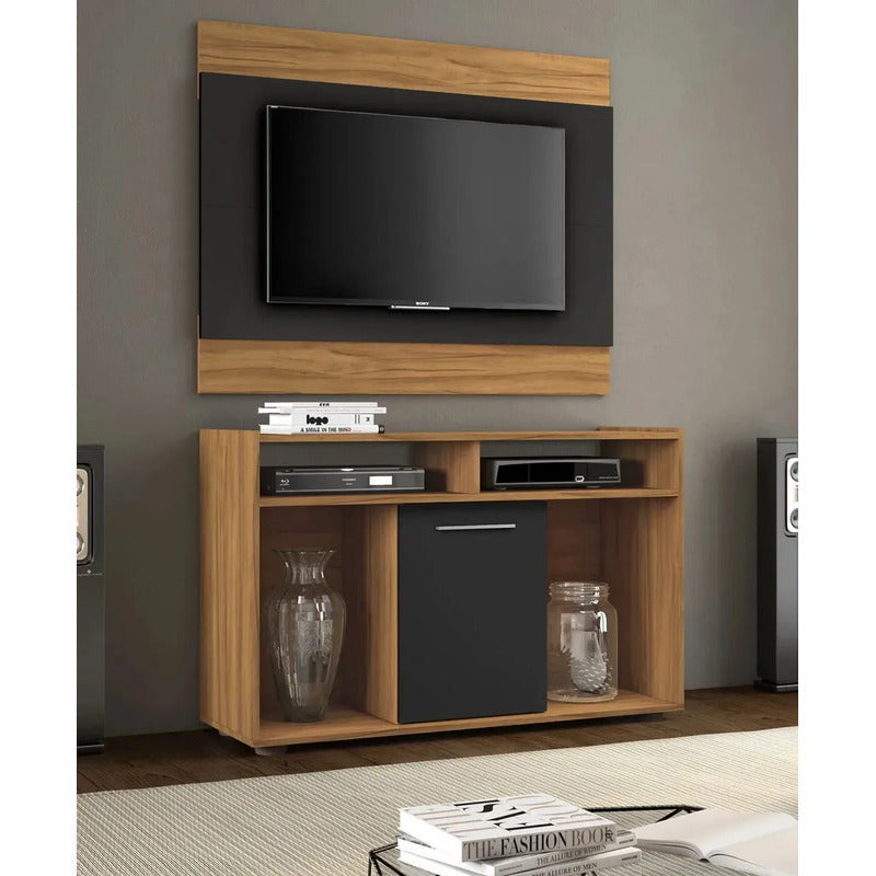 Combo Rack Tv 2 En 1 Exahome Incluye Panel Blanco Puerta Nogal