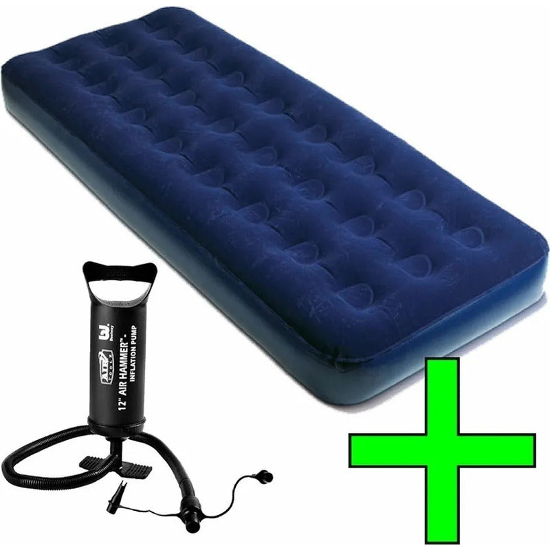 Colchon Inflable 1 Plaza Con Almohada E Inflador De Regalo Azul