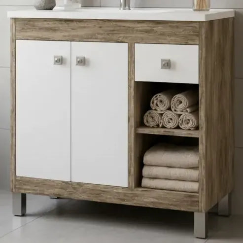 Vanitory 80cm Premium Con Bacha Y Espejo Exahome Exclusivo Blanco Sin Agujeros