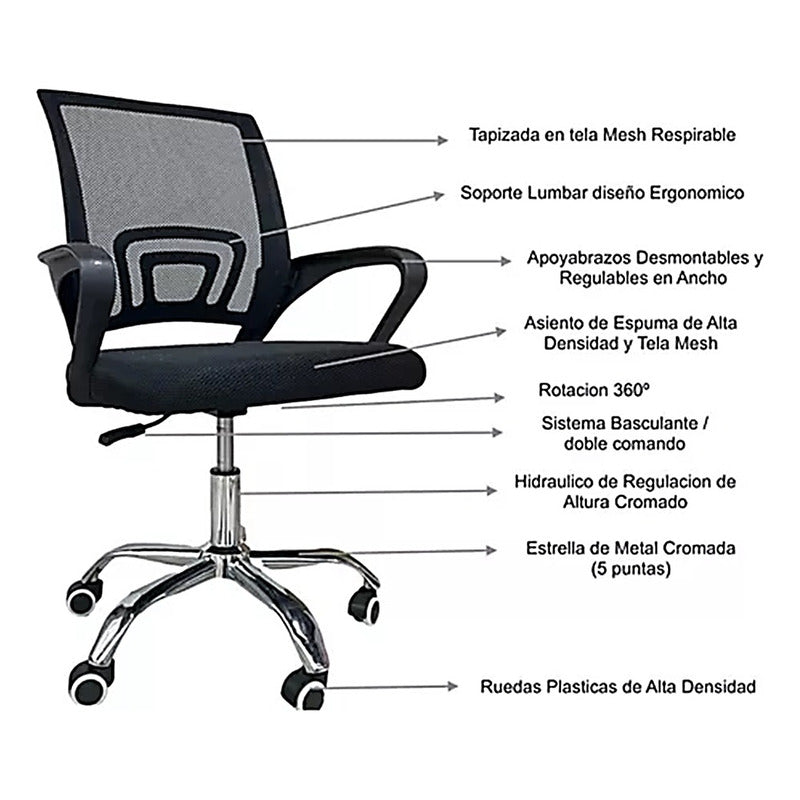 Silla De Oficina Exahome Ergonomica Negra Metalica Premium Negro Tela Mesh Respirable.