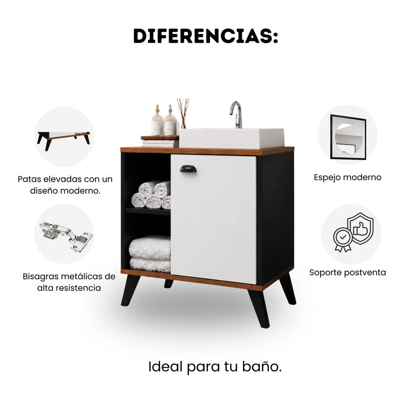 Vanitory Exclusivo 70cm Con Bacha Y Espejo Exahome Premium Negro Un Agujero