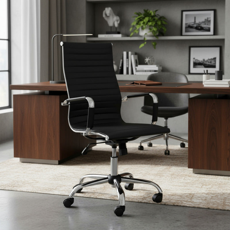 Silla De Oficina Exahome Aluminium Eames Ergonómica Negro Cuero Sintético