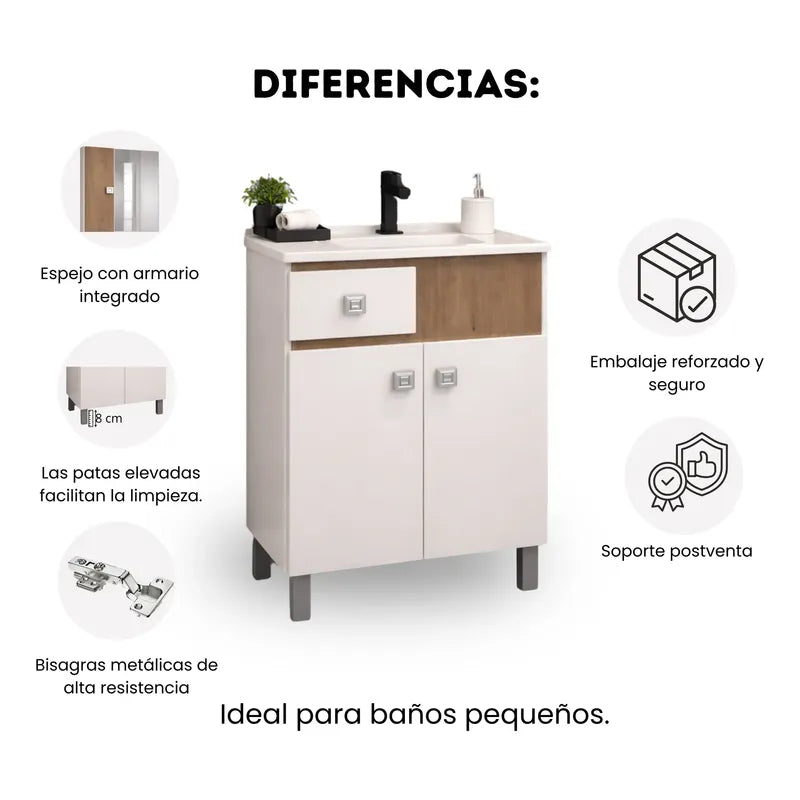 Vanitory 60cm Kit Premium Con Bacha Y Espejo Exahome Roble Blanco Sin Agujeros