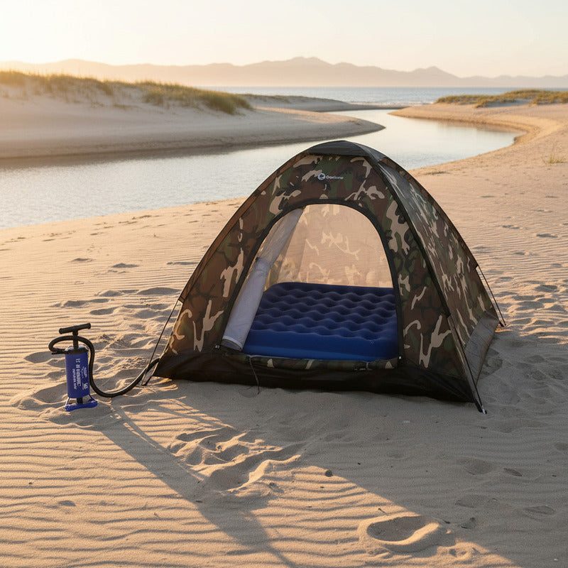 Carpa 2p Autoarmable Camuflada + Colchon 2p + Inflador