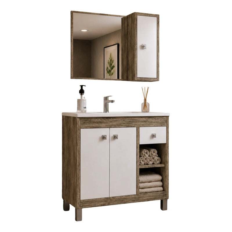 Vanitory 80cm Premium Con Bacha Y Espejo Exahome Exclusivo Blanco Sin Agujeros