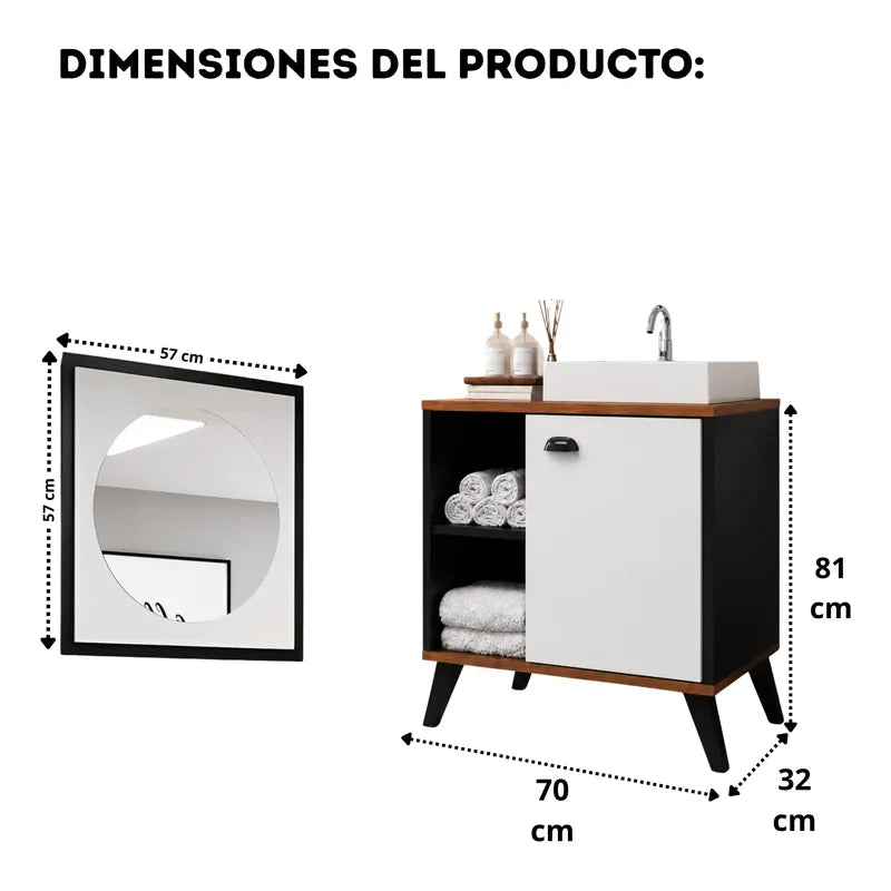 Vanitory Exclusivo 70cm Con Bacha Y Espejo Exahome Premium Negro Un Agujero