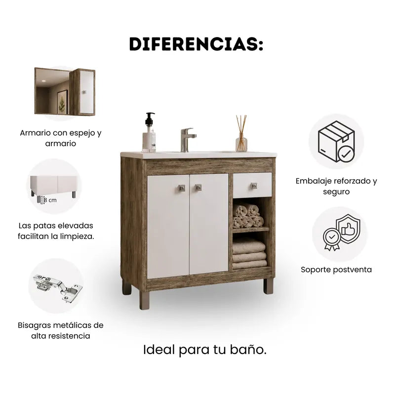 Vanitory 80cm Premium Con Bacha Y Espejo Exahome Exclusivo Blanco Sin Agujeros