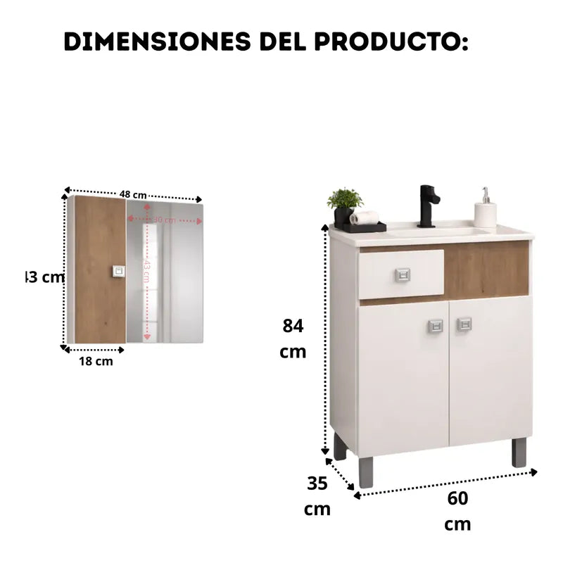 Vanitory 60cm Kit Premium Con Bacha Y Espejo Exahome Roble Blanco Sin Agujeros